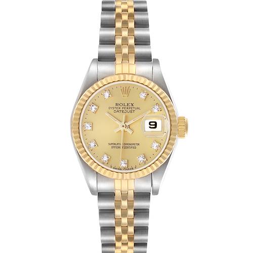 The image shows a Rolex Datejust 69173 Women's Steel and Gold (two tone) Champagne Dial 69173 Women's Steel and Gold (two tone) Champagne Dial watch from a front angle, featuring its dial, bezel, crown, and Jubilee bracelet.
