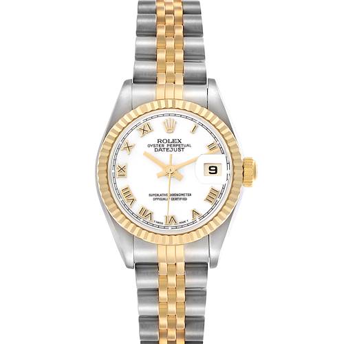 The Rolex Datejust 79173 Women's Steel and Gold (two tone) White Dial 79173 Women's Steel and Gold (two tone) White Dial watch is shown from a direct overhead angle, highlighting the dial, bracelet, and bezel.