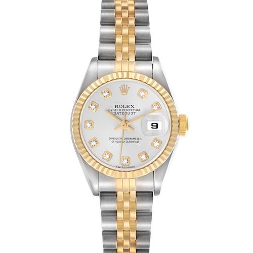 The Rolex Datejust 79173 Women's Steel and Gold (two tone) Silver Dial 79173 Women's Steel and Gold (two tone) Silver Dial watch is shown from the front, highlighting the dial, bezel, and bracelet.