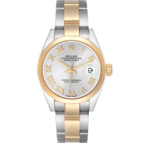 The Rolex Datejust 279163 Women's Steel and Gold (two tone) Silver Dial 279163 Women's Steel and Gold (two tone) Silver Dial watch is shown from a top-down angle, displaying the face, bezel, crown, and two-tone bracelet.
