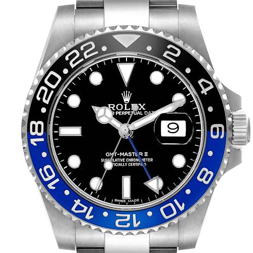 The image shows a front view of a Rolex GMT-Master 116710BLNR Men's Stainless Steel Black Dial 116710BLNR Men's Stainless Steel Black Dial II watch, highlighting its bezel, dial, hands, and date display.