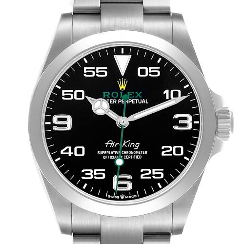 The Rolex Air-King 126900 Men's Stainless Steel Black Dial 126900 Men's Stainless Steel Black Dial watch is shown from a front angle, displaying the dial, hands, bezel, and part of the bracelet.