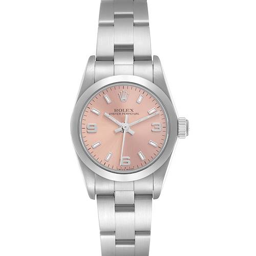 The Rolex Oyster Perpetual 72105 Women's Stainless Steel Pink Dial 72105 Women's Stainless Steel Pink Dial watch is shown from a front angle, highlighting the dial, bezel, case, and bracelet.