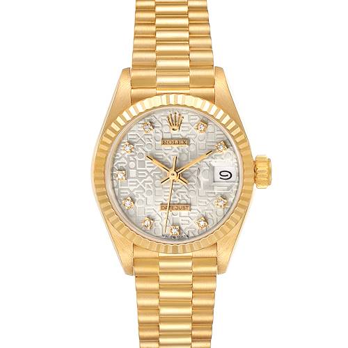 This image shows a front view of a Rolex President 69178 Women's Yellow Gold Silver Dial 69178 Women's Yellow Gold Silver Dial model watch, featuring a gold band, bezel, and a diamond-accented dial.