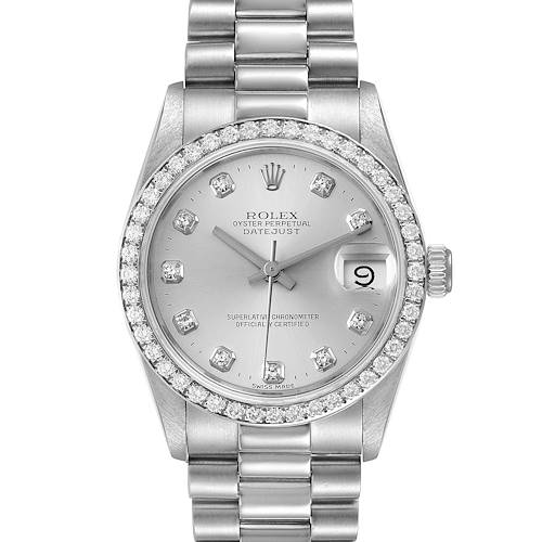 This image shows a front view of a Rolex President 68286 Women's Platinum Silver Dial 68286 Women's Platinum Silver Dial Oyster Perpetual Datejust watch, highlighting its face, bezel, and bracelet.