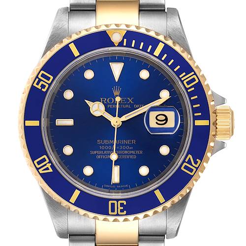 This image shows a frontal view of a Rolex Submariner 16613 Men's Steel and Gold (two tone) Blue Dial 16613 Men's Steel and Gold (two tone) Blue Dial watch featuring a blue dial, date display, blue and gold bezel, and a two-tone metal bracelet.