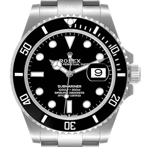 The image shows a front view of a Rolex Submariner 126610 Men's Stainless Steel Black Dial 126610 Men's Stainless Steel Black Dial watch, highlighting its dial, bezel, and crown.