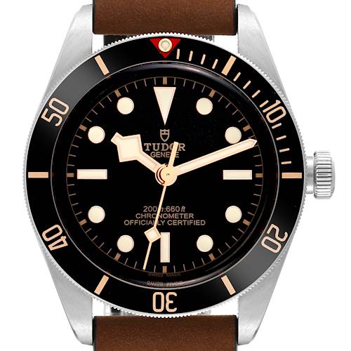 The image shows a front view of a Tudor Heritage Black Bay M79030N-0002 Men's Stainless Steel Black Dial M79030N-0002 Men's Stainless Steel Black Dial watch, highlighting the dial, bezel, and crown.