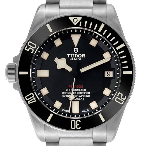 This image shows a front view of the Tudor Pelagos 25610TNL Men's Stainless Steel Black Dial 25610TNL Men's Stainless Steel Black Dial watch displaying its black dial, bezel, and part of the silver strap.