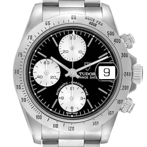 The Tudor Tiger 79280 Men's Stainless Steel Black Dial 79280 Men's Stainless Steel Black Dial model watch is shown from the front, highlighting its chronograph, date window, and tachymetric bezel.