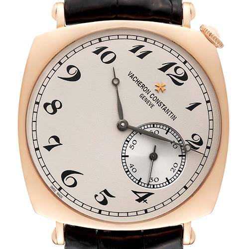 The image shows a close-up view of the Vacheron Constantin Historiques 82035/000R Men's Rose Gold Silver Dial 82035/000R Men's Rose Gold Silver Dial watch face, detailing the dial, hands, and crown.