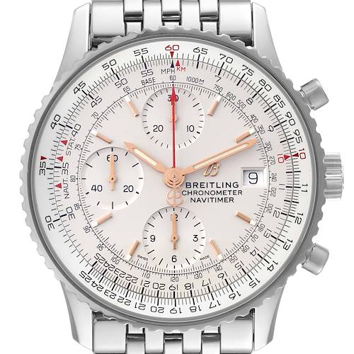 The image shows a front view of the Breitling Navitimer A13324 Men's Stainless Steel Silver Dial A13324 Men's Stainless Steel Silver Dial watch with its bezel, chronograph dials, and bracelet visible.