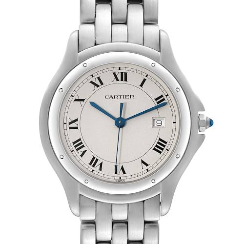 The image shows a front view of a Cartier Panthere 987904 Men's Stainless Steel Silver Dial 987904 Men's Stainless Steel Silver Dial model watch, featuring the dial, hands, bracelet, and crown.