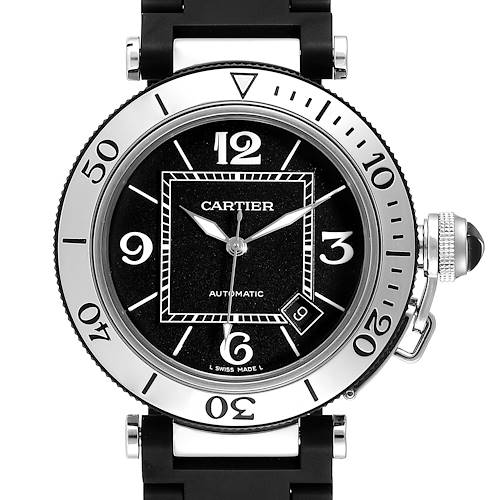 The image shows a frontal view of the Cartier Pasha W31088U2 Men's Stainless Steel Black Dial W31088U2 Men's Stainless Steel Black Dial watch, highlighting its black dial, bezel, and crown.