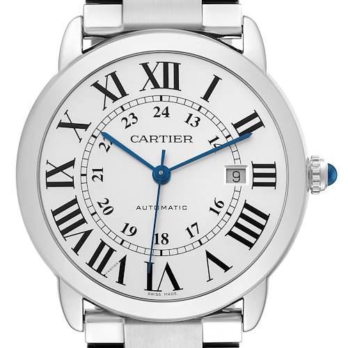 The Cartier Ronde W6701011 Men's Stainless Steel Silver Dial W6701011 Men's Stainless Steel Silver Dial model watch is shown from the front, displaying the dial, hands, Roman numerals, date window, and crown.