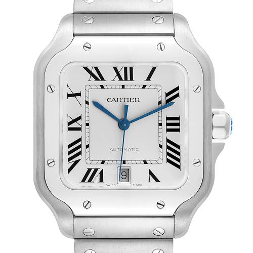 The Cartier Santos WSSA0018 Men's Stainless Steel Silver Dial WSSA0018 Men's Stainless Steel Silver Dial watch is shown from a front angle, highlighting the dial, bezel, and part of the bracelet.