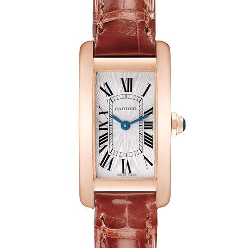 The Cartier Tank Américaine watch is shown from the front, displaying its rectangular face, Roman numerals, and leather strap.