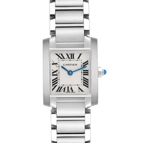 The Cartier Tank Francaise W51008Q3 Women's Stainless Steel Silver Dial W51008Q3 Women's Stainless Steel Silver Dial watch is shown from a front angle, displaying its square face, Roman numerals, and metal bracelet.