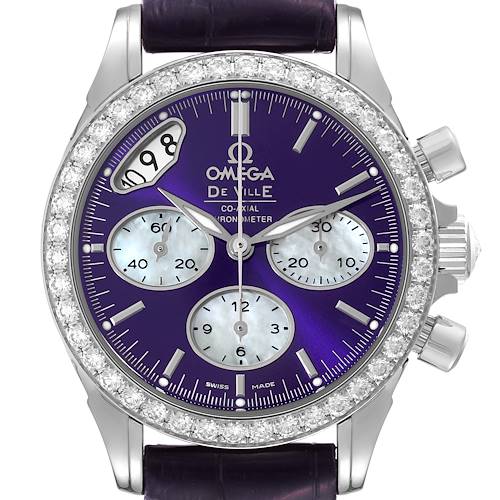 The image shows a front view of the Omega 422.18.35.50.10.001 Women's Stainless Steel Purple Dial 422.18.35.50.10.001 Women's Stainless Steel Purple Dial DeVille Co-Axial Steel Diamond Ladies Watch 422.18.35.50.10.001 with a purple dial and diamond bezel.