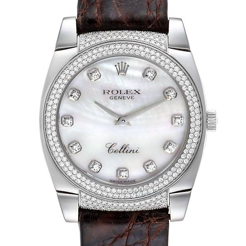 This image shows a front view of the Rolex Cellini 6321 Women's White Gold Mother of Pearl Dial 6321 Women's White Gold Mother of Pearl Dial watch, highlighting its diamond-studded bezel, white dial, and leather strap.