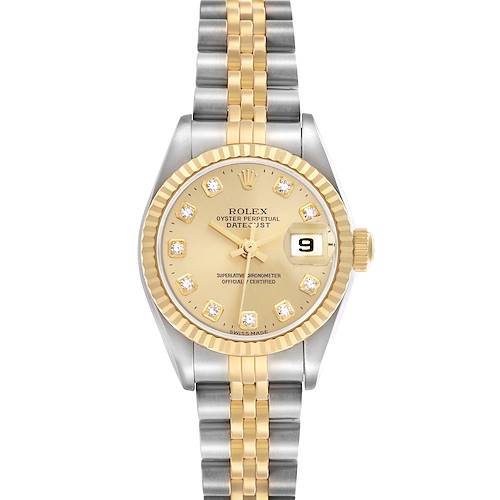 The Rolex Datejust 79173 Women's Steel and Gold (two tone) Champagne Dial 79173 Women's Steel and Gold (two tone) Champagne Dial watch is shown from a front angle, highlighting its gold and silver bracelet and diamond-accented dial.
