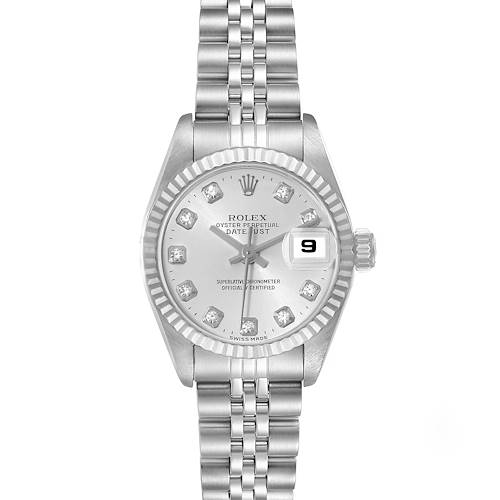 The image shows a front view of the Rolex Datejust 69174 Women's Stainless Steel Silver Dial 69174 Women's Stainless Steel Silver Dial watch, featuring its dial, bezel, bracelet, and date window.