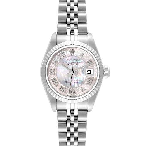 This is a front view of a Rolex Datejust 79174 Women's Stainless Steel Mother of Pearl Dial 79174 Women's Stainless Steel Mother of Pearl Dial watch, showcasing the dial, bezel, and bracelet.