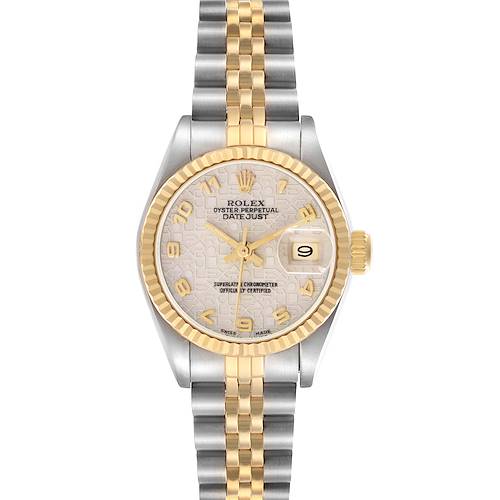 The Rolex Datejust 69173 Women's Steel and Gold (two tone) White Dial 69173 Women's Steel and Gold (two tone) White Dial watch is shown from a top-down angle, highlighting the dial, bezel, and two-tone bracelet.