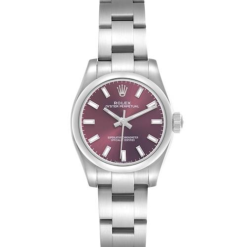 The Rolex Oyster Perpetual 176200 Women's Stainless Steel Purple Dial 176200 Women's Stainless Steel Purple Dial watch is shown from the front, displaying its dial, case, and bracelet in detail.