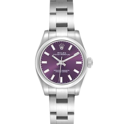 The Rolex Oyster Perpetual 176200 Women's Stainless Steel Purple Dial 176200 Women's Stainless Steel Purple Dial watch is shown from a front angle, displaying the dial, case, and bracelet.