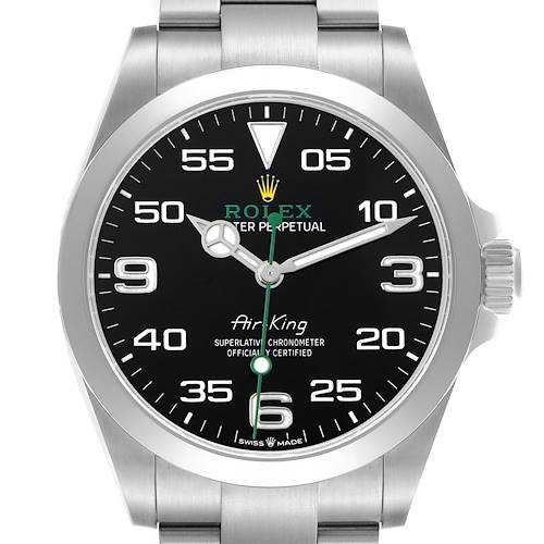 The image shows a front view of the Rolex Air-King 126900 Men's Stainless Steel Black Dial 126900 Men's Stainless Steel Black Dial watch, highlighting its black dial, stainless steel bezel, and bracelet.