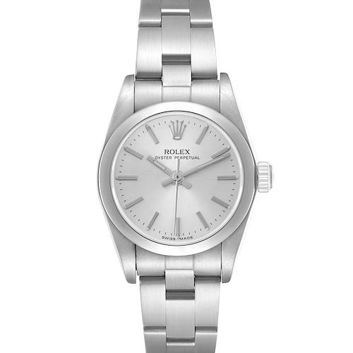 The Rolex Oyster Perpetual 76080 Women's Stainless Steel Silver Dial 76080 Women's Stainless Steel Silver Dial watch is shown from a top-down angle, displaying the dial and bracelet.