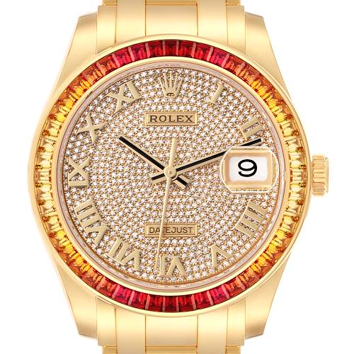 The Rolex Pearlmaster 86348 Men's Yellow Gold Champagne Dial 86348 Men's Yellow Gold Champagne Dial watch is shown from the front, highlighting the ornate dial, gemstone bezel, and bracelet links.