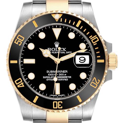 The Rolex Submariner 116613 Men's Steel and Gold (two tone) Black Dial 116613 Men's Steel and Gold (two tone) Black Dial watch is shown from a front angle, highlighting the dial, bezel, and crown.