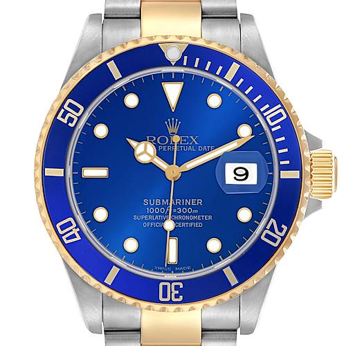 The Rolex Submariner 16613 Men's Steel and Gold (two tone) Blue Dial 16613 Men's Steel and Gold (two tone) Blue Dial is shown from a front angle, highlighting its blue dial, gold bezel, and date window.