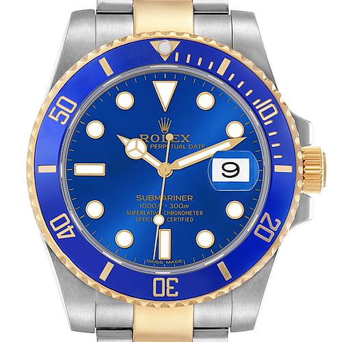 The Rolex Submariner 116613 Men's Steel and Gold (two tone) Blue Dial 116613 Men's Steel and Gold (two tone) Blue Dial watch is shown from a front angle, highlighting the blue dial, gold accents, and date window.