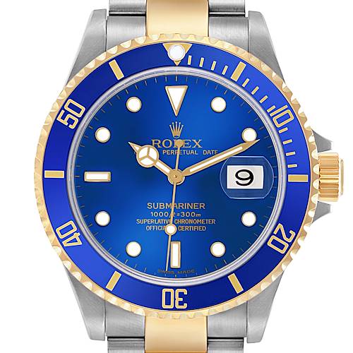 The image shows a front view of a Rolex Submariner 16613 Men's Steel and Gold (two tone) Blue Dial 16613 Men's Steel and Gold (two tone) Blue Dial, highlighting its blue dial, date feature, and two-tone bracelet.