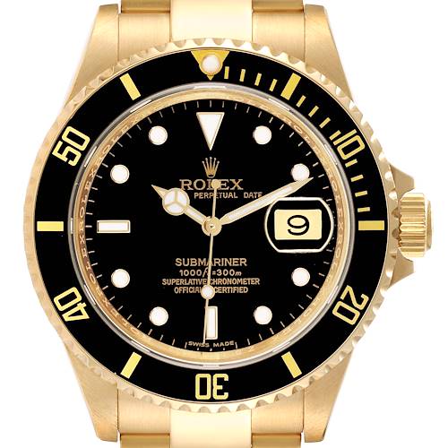 This is a close-up frontal view of a Rolex Submariner 16618 Men's Yellow Gold Black Dial 16618 Men's Yellow Gold Black Dial watch, showing the dial, bezel, hands, and crown.