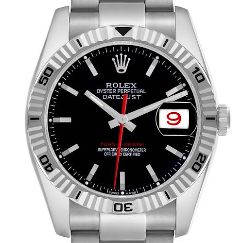 The Rolex Turn-o-Graph 116264 Men's Stainless Steel Black Dial 116264 Men's Stainless Steel Black Dial watch is shown from the front, highlighting the dial, bezel, and bracelet.