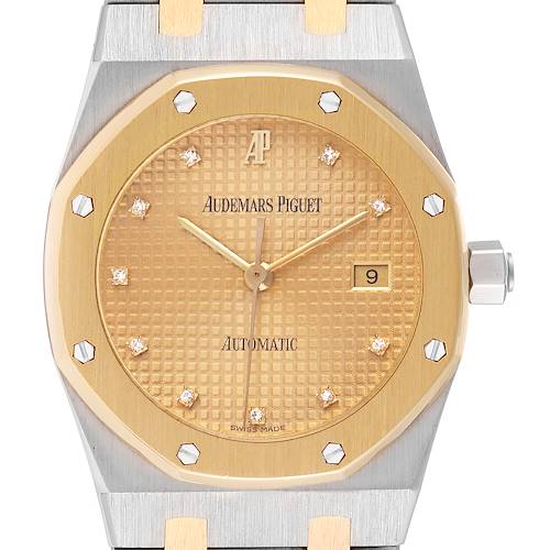 This image shows the frontal view of the Audemars Piguet Royal Oak 15000SA-O-0789SA Men's Steel and Gold (two tone) Champagne Dial 15000SA-O-0789SA Men's Steel and Gold (two tone) Champagne Dial watch featuring the dial, bezel, and crown.