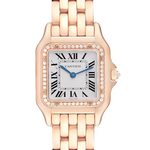 The Cartier Panthère watch is shown from a top-down angle, highlighting its face, bezel with diamonds, and part of the bracelet.