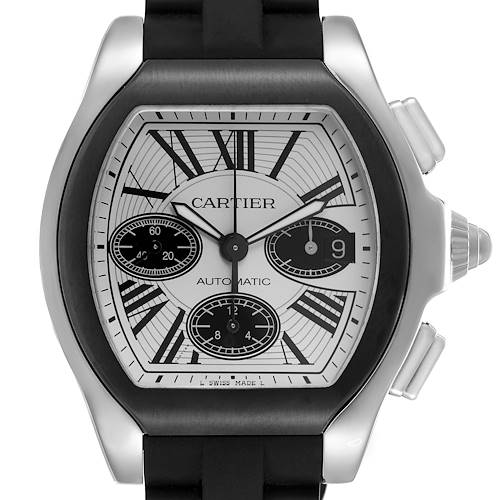 The Cartier Roadster W6206020 Men's Stainless Steel Silver Dial W6206020 Men's Stainless Steel Silver Dial watch is shown from a front angle, displaying the dial, crown, and strap attachment.