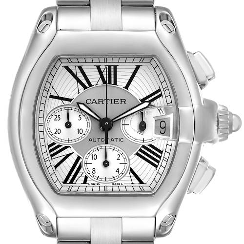 The Cartier Roadster W62019X6 Men's Stainless Steel Silver Dial W62019X6 Men's Stainless Steel Silver Dial watch is shown from the front, highlighting the dial, bezel, crown, and part of the bracelet.