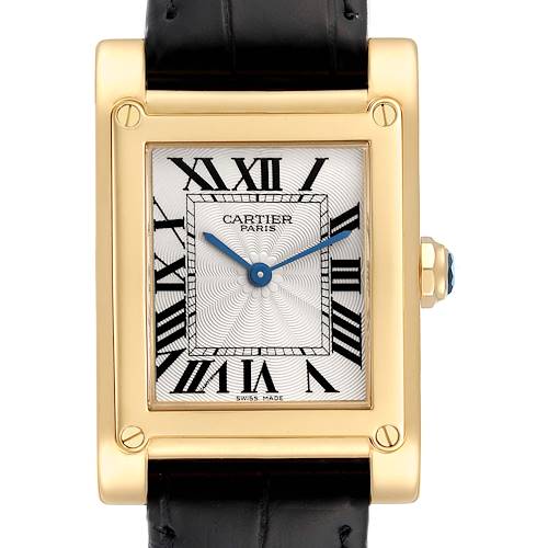 The image shows a frontal view of the Cartier Tank A Vis W1529451 Men's Yellow Gold Silver Dial W1529451 Men's Yellow Gold Silver Dial watch, highlighting the face, Roman numerals, and leather strap.