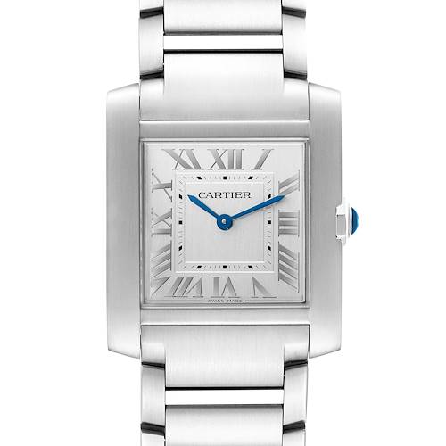 The Cartier Tank Francaise WSTA0074 Women's Stainless Steel Silver Dial WSTA0074 Women's Stainless Steel Silver Dial watch is shown from a front angle, displaying its face, bracelet, bezel, and crown.