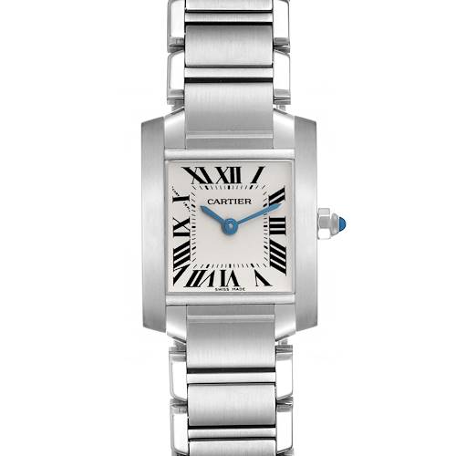 The Cartier Tank Francaise W51008Q3 Women's Stainless Steel Silver Dial W51008Q3 Women's Stainless Steel Silver Dial watch is shown from a front angle, displaying the face, Roman numerals, and metal bracelet.