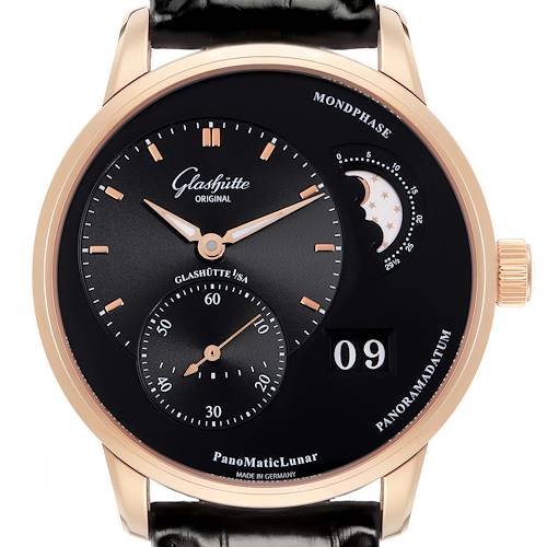 The Glashütte Pano model is shown from the front, displaying the dial, moon phase, and date indicator.