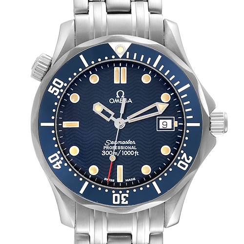 This image shows the dial and bezel of an Omega Seamaster 2561.80.00 Men's Stainless Steel Blue Dial 2561.80.00 Men's Stainless Steel Blue Dial watch from a front angle.