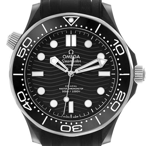 This image shows a front view of the Omega Seamaster 210.92.44.20.01.001 Men's Ceramic Black Dial 210.92.44.20.01.001 Men's Ceramic Black Dial watch, highlighting the dial, bezel, and crown.