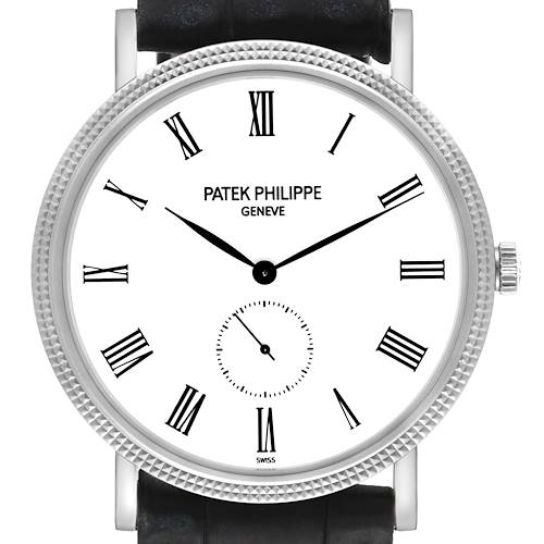 This image shows a front view of the Patek Philippe Calatrava 5119G Men's White Gold White Dial 5119G Men's White Gold White Dial watch, highlighting its face, bezel, and crown.
